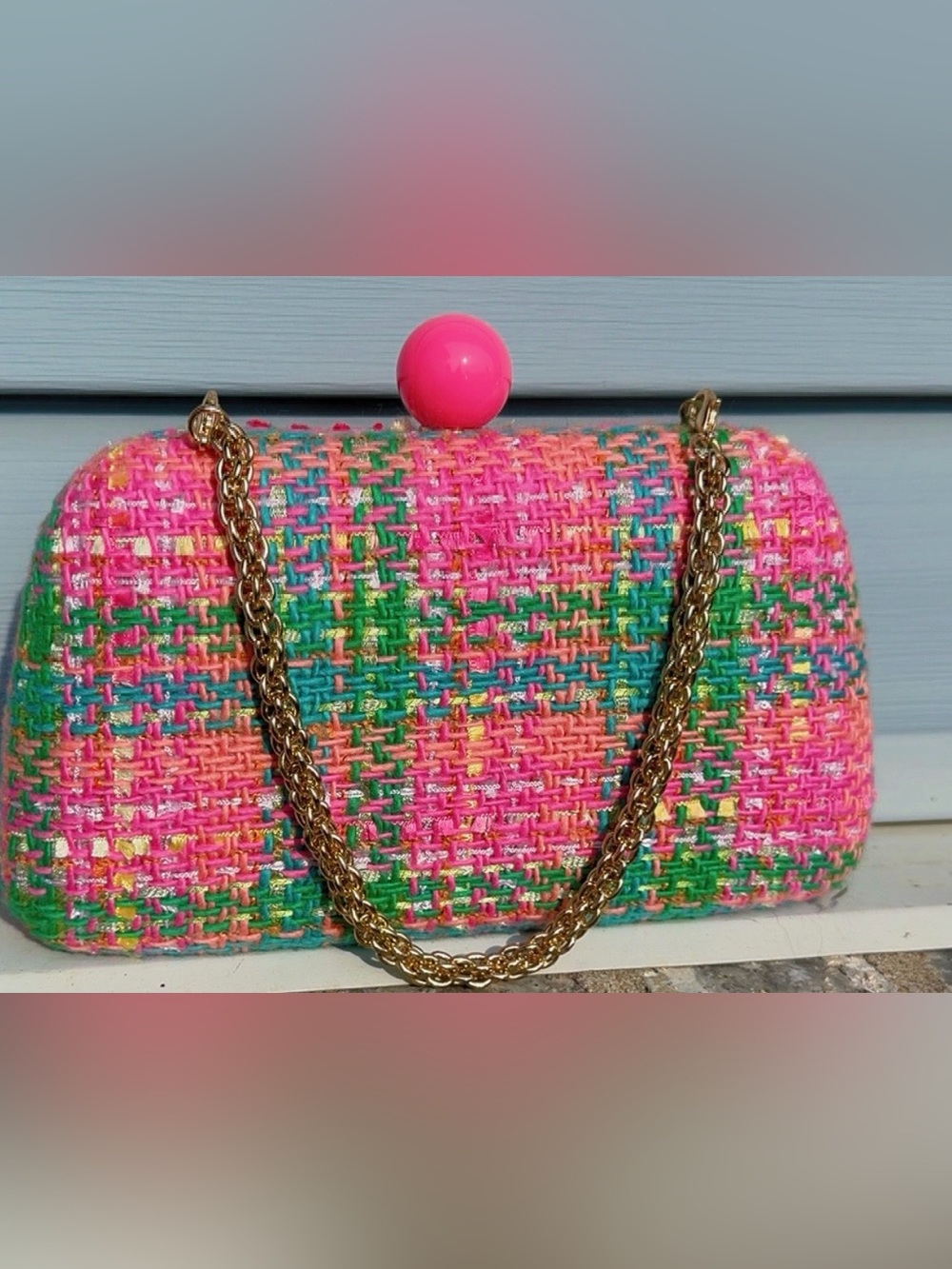 Shiraleah Chicago Pink Aqua Multicolor Tweed Chain Clutch Bag
